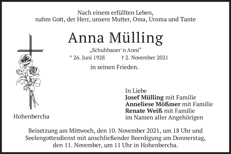 Traueranzeige für Anna Mülling vom 06.11.2021 aus merkurtz