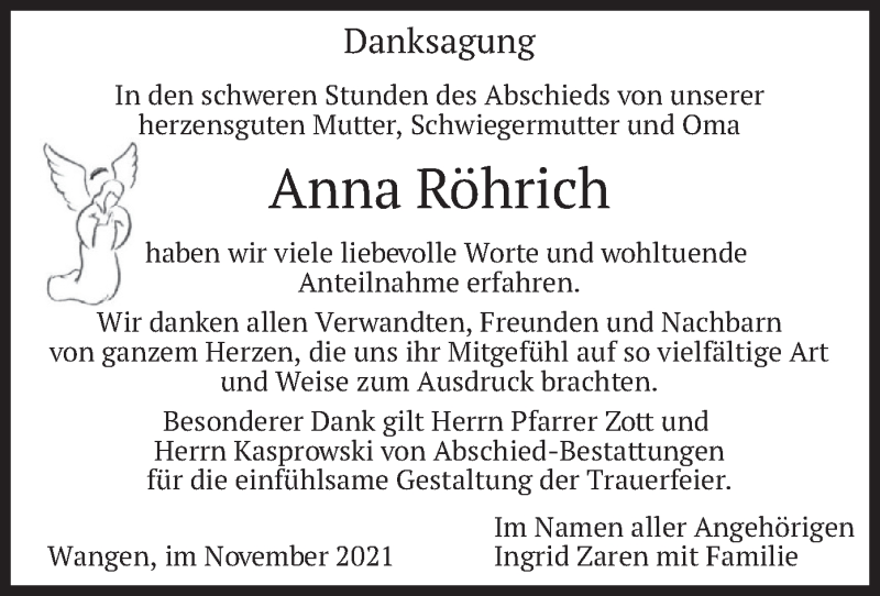  Traueranzeige für Anna Röhrich vom 20.11.2021 aus merkurtz