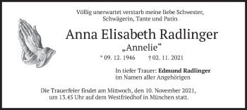 Traueranzeige von Anna Elisabeth Radlinger von merkurtz