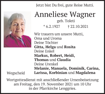 Traueranzeige von Anneliese Wagner von merkurtz