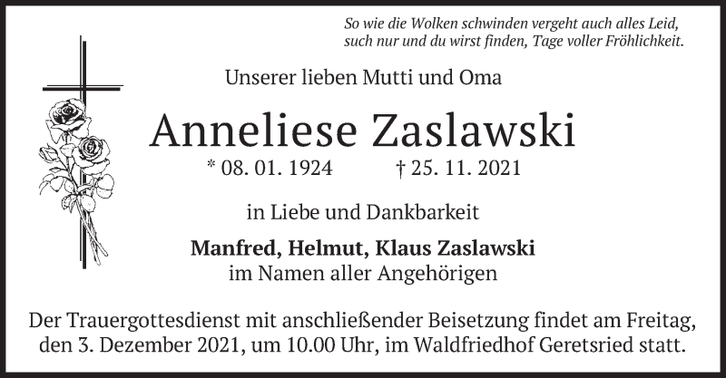  Traueranzeige für Anneliese Zaslawski vom 30.11.2021 aus merkurtz