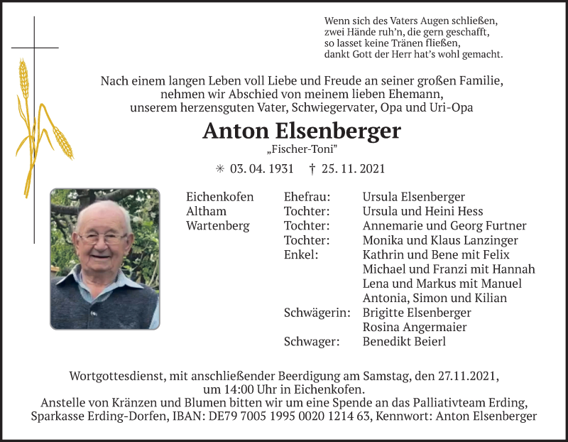  Traueranzeige für Anton Elsenberger vom 26.11.2021 aus merkurtz