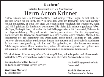 Traueranzeige von Anton Krinner von merkurtz