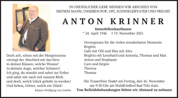 Traueranzeige von Anton Krinner von merkurtz