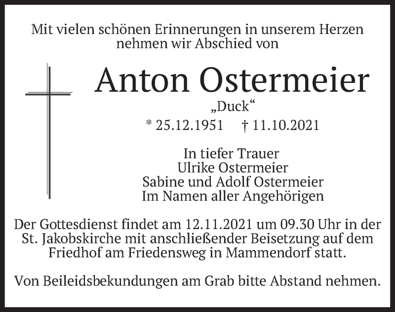  Traueranzeige für Anton Ostermeier vom 05.11.2021 aus merkurtz