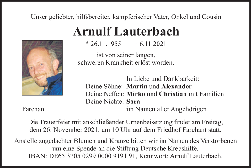  Traueranzeige für Arnulf Lauterbach vom 20.11.2021 aus merkurtz
