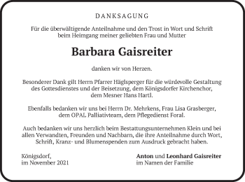 Traueranzeige von Barbara Gaisreiter von merkurtz