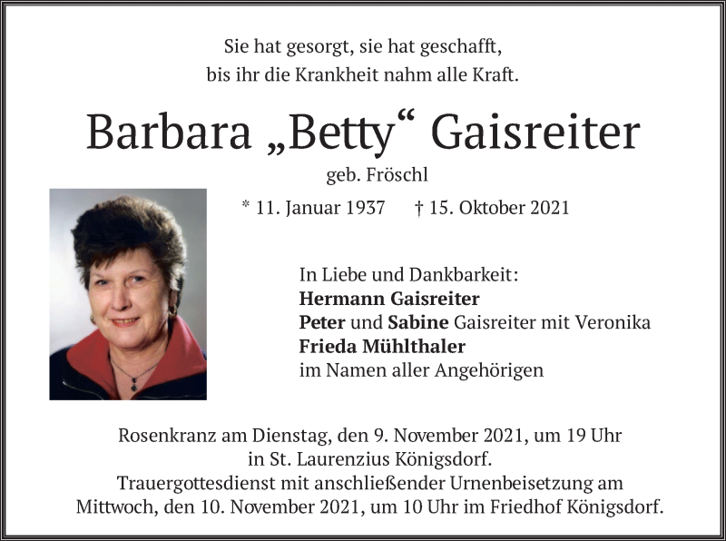  Traueranzeige für Barbara Gaisreiter vom 06.11.2021 aus merkurtz