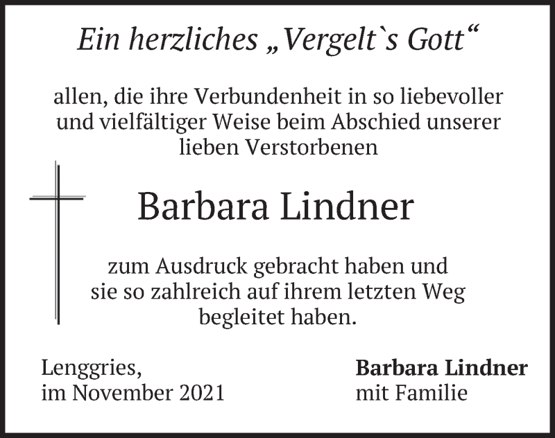  Traueranzeige für Barbara Lindner vom 06.11.2021 aus merkurtz