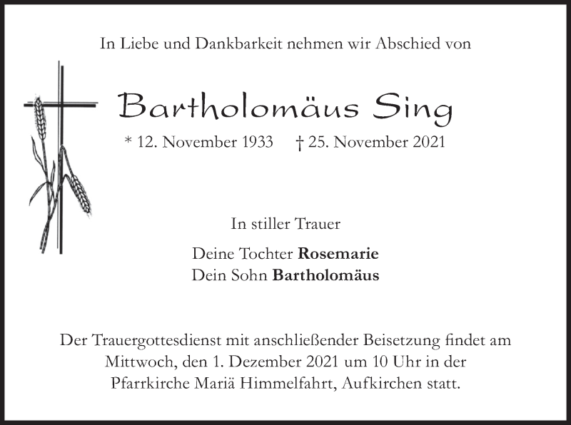  Traueranzeige für Bartholomäus Sing vom 30.11.2021 aus merkurtz