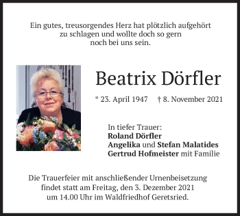 Traueranzeige von Beatrix Dörfler von merkurtz