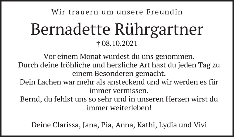  Traueranzeige für Bernadette Rührgartner vom 08.11.2021 aus merkurtz