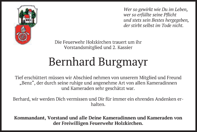  Traueranzeige für Bernhard Burgmayr vom 30.11.2021 aus merkurtz