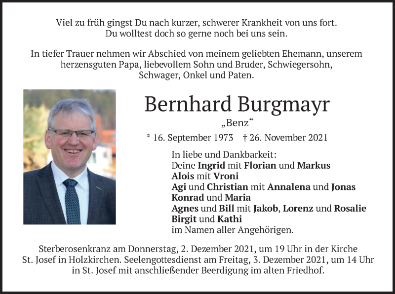  Traueranzeige für Bernhard Burgmayr vom 30.11.2021 aus merkurtz