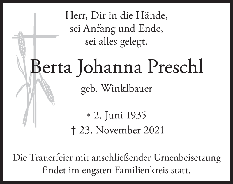  Traueranzeige für Berta Johanna Preschl vom 27.11.2021 aus merkurtz