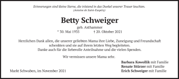 Traueranzeige von Betty Schweiger von merkurtz