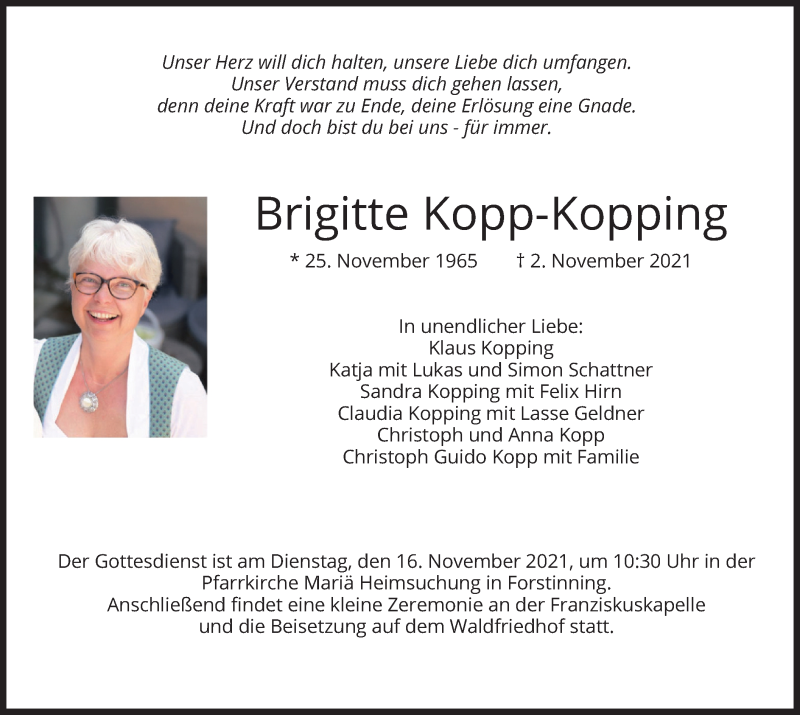  Traueranzeige für Brigitte Kopp-Kopping vom 06.11.2021 aus merkurtz