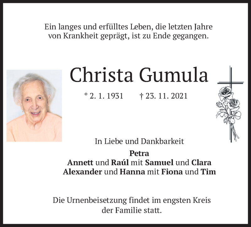  Traueranzeige für Christa Gumula vom 27.11.2021 aus merkurtz
