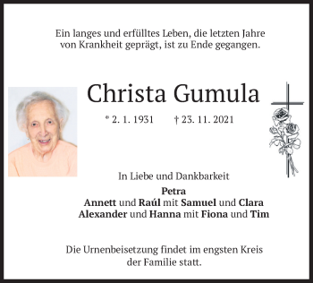 Traueranzeige von Christa Gumula von merkurtz