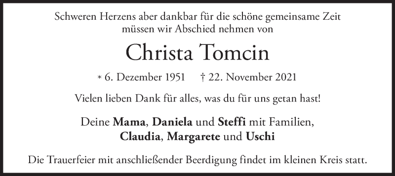  Traueranzeige für Christa Tomcin vom 27.11.2021 aus merkurtz