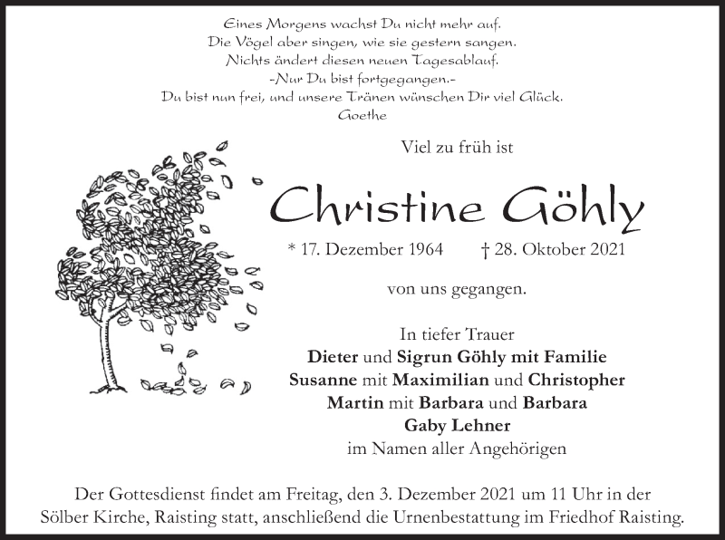  Traueranzeige für Christine Göhly vom 27.11.2021 aus merkurtz