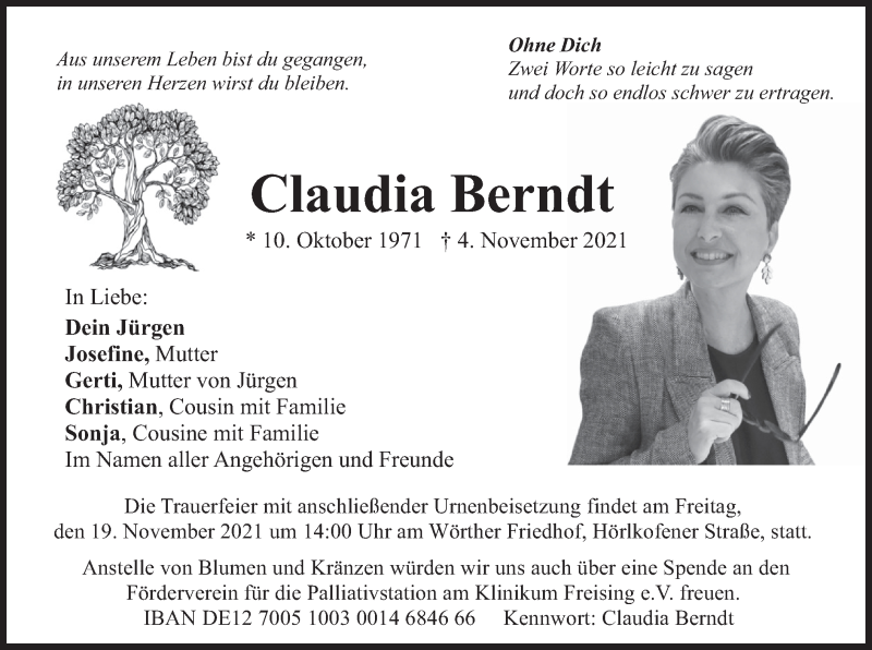  Traueranzeige für Claudia Berndt vom 13.11.2021 aus merkurtz
