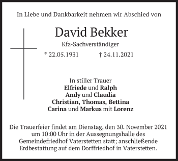 Traueranzeige von David Bekker von merkurtz