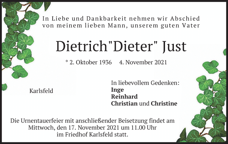  Traueranzeige für Dietrich Just vom 13.11.2021 aus merkurtz