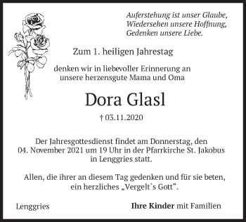 Traueranzeige von Dora Glasl von merkurtz