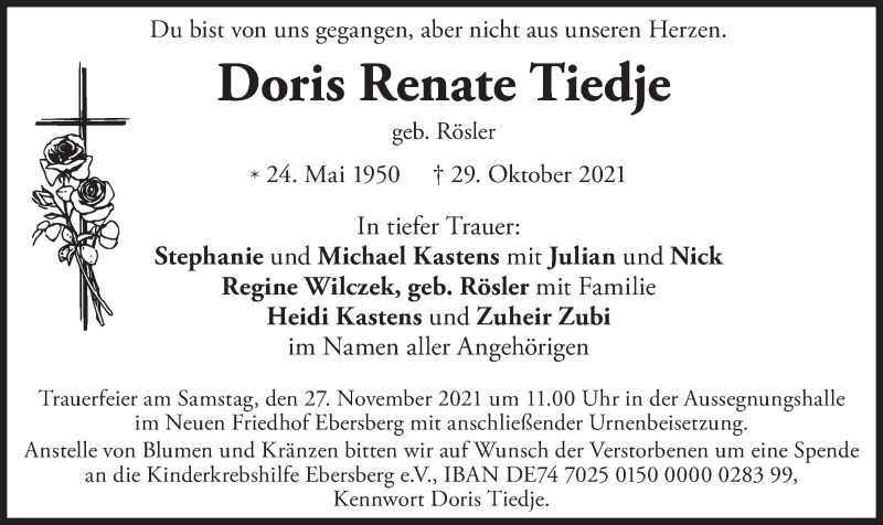  Traueranzeige für Doris Renate Tiedje vom 20.11.2021 aus merkurtz