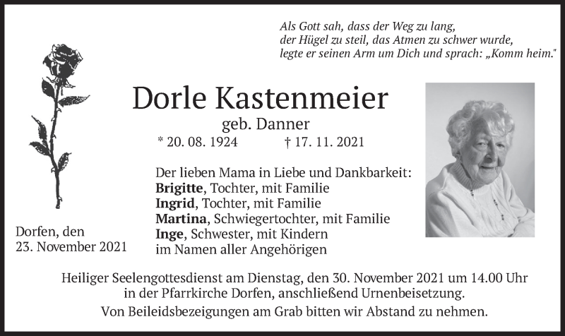 Traueranzeige für Dorle Kastenmeier vom 23.11.2021 aus merkurtz