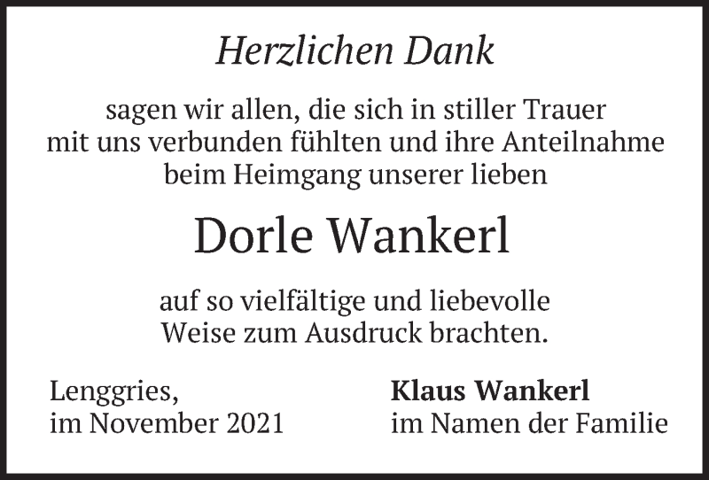  Traueranzeige für Dorle Wankerl vom 06.11.2021 aus merkurtz