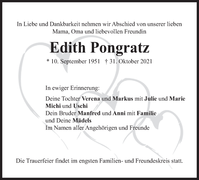  Traueranzeige für Edith Pongratz vom 06.11.2021 aus merkurtz