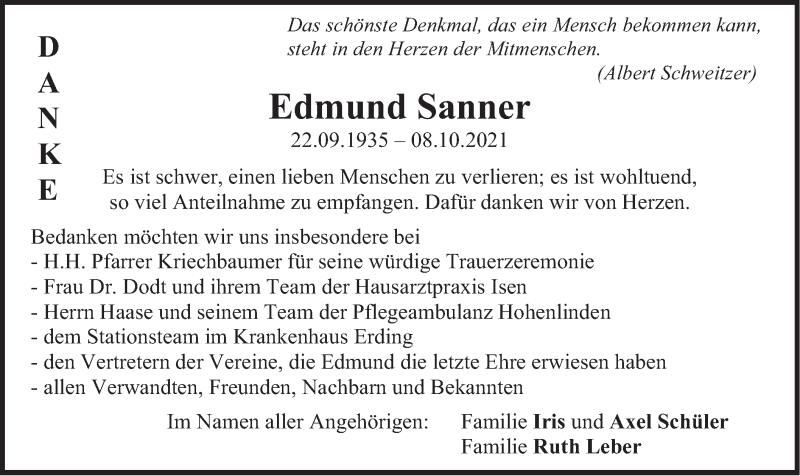 Traueranzeige für Edmund Sanner vom 06.11.2021 aus merkurtz