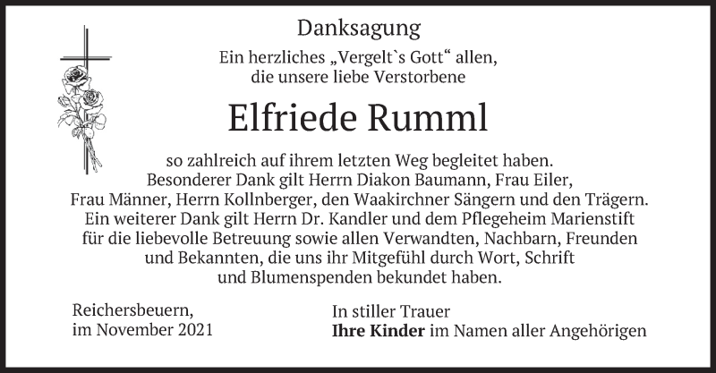  Traueranzeige für Elfriede Rumml vom 06.11.2021 aus merkurtz