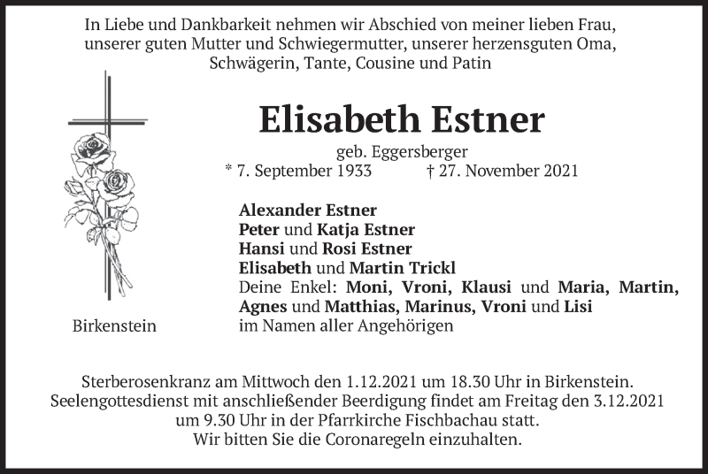  Traueranzeige für Elisabeth Estner vom 30.11.2021 aus merkurtz