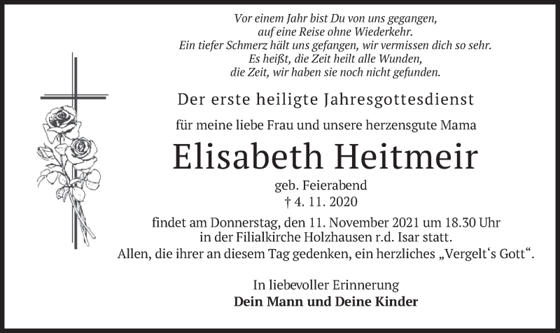  Traueranzeige für Elisabeth Heitmeir vom 06.11.2021 aus merkurtz