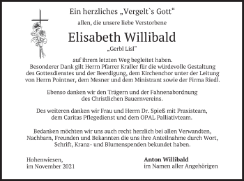 Traueranzeige von Elisabeth Willibald von merkurtz
