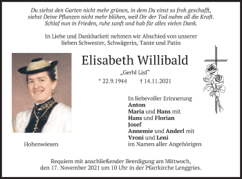 Traueranzeige von Elisabeth Willibald von merkurtz