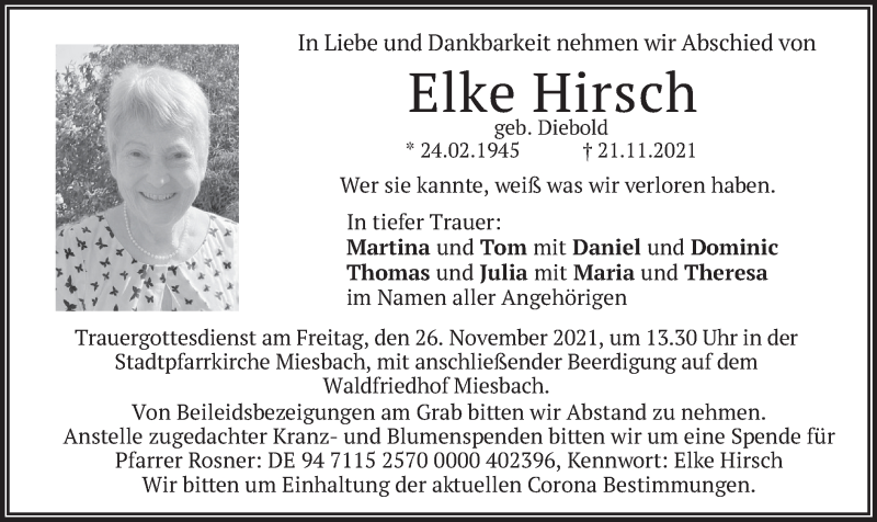  Traueranzeige für Elke Hirsch vom 24.11.2021 aus merkurtz