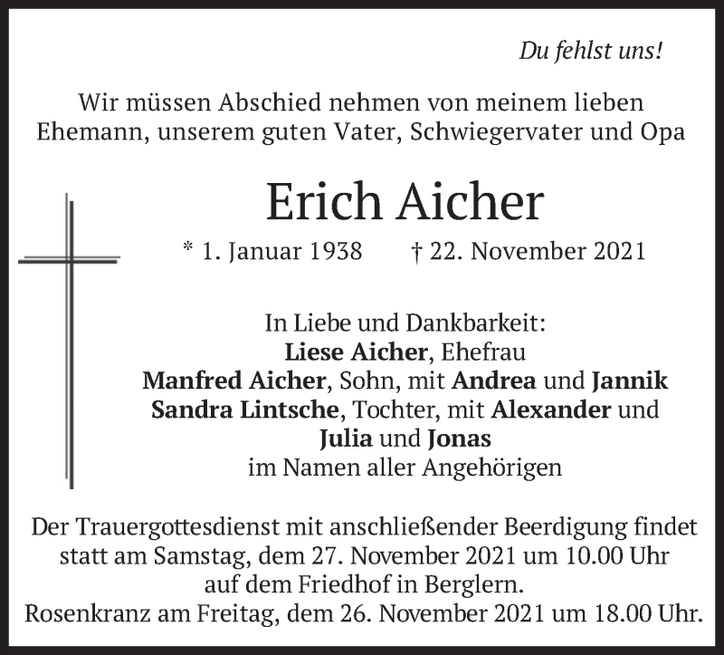  Traueranzeige für Erich Aicher vom 25.11.2021 aus merkurtz
