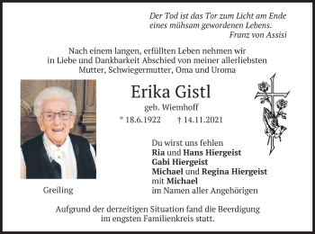Traueranzeige von Erika Gistl von merkurtz