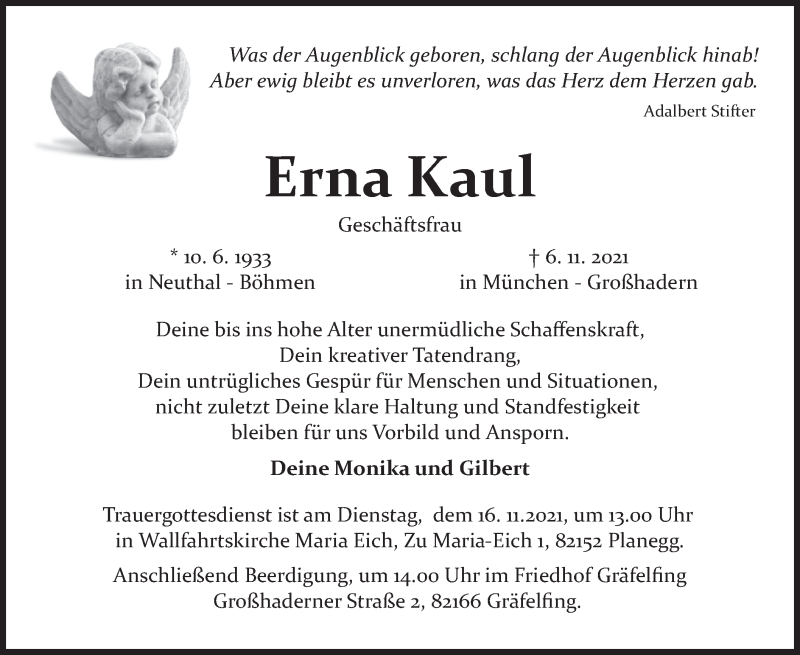  Traueranzeige für Erna Kaul vom 13.11.2021 aus merkurtz