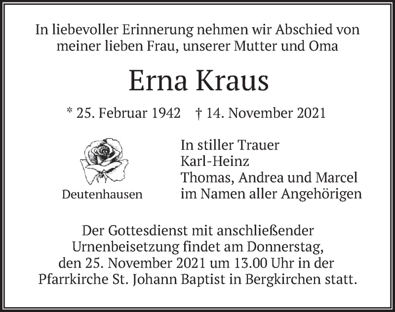  Traueranzeige für Erna Kraus vom 20.11.2021 aus merkurtz
