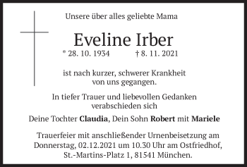 Traueranzeige von Eveline Irber von merkurtz
