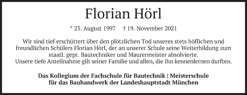  Traueranzeige für Florian Hörl vom 22.11.2021 aus merkurtz