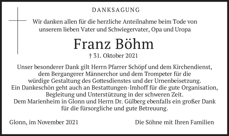  Traueranzeige für Franz Böhm vom 20.11.2021 aus merkurtz