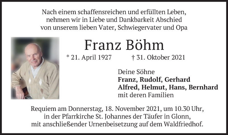  Traueranzeige für Franz Böhm vom 06.11.2021 aus merkurtz