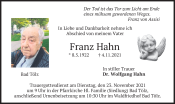 Traueranzeige von Franz Hahn von merkurtz