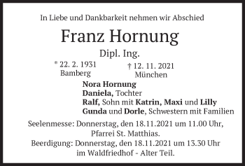 Traueranzeige von Franz Hornung von merkurtz
